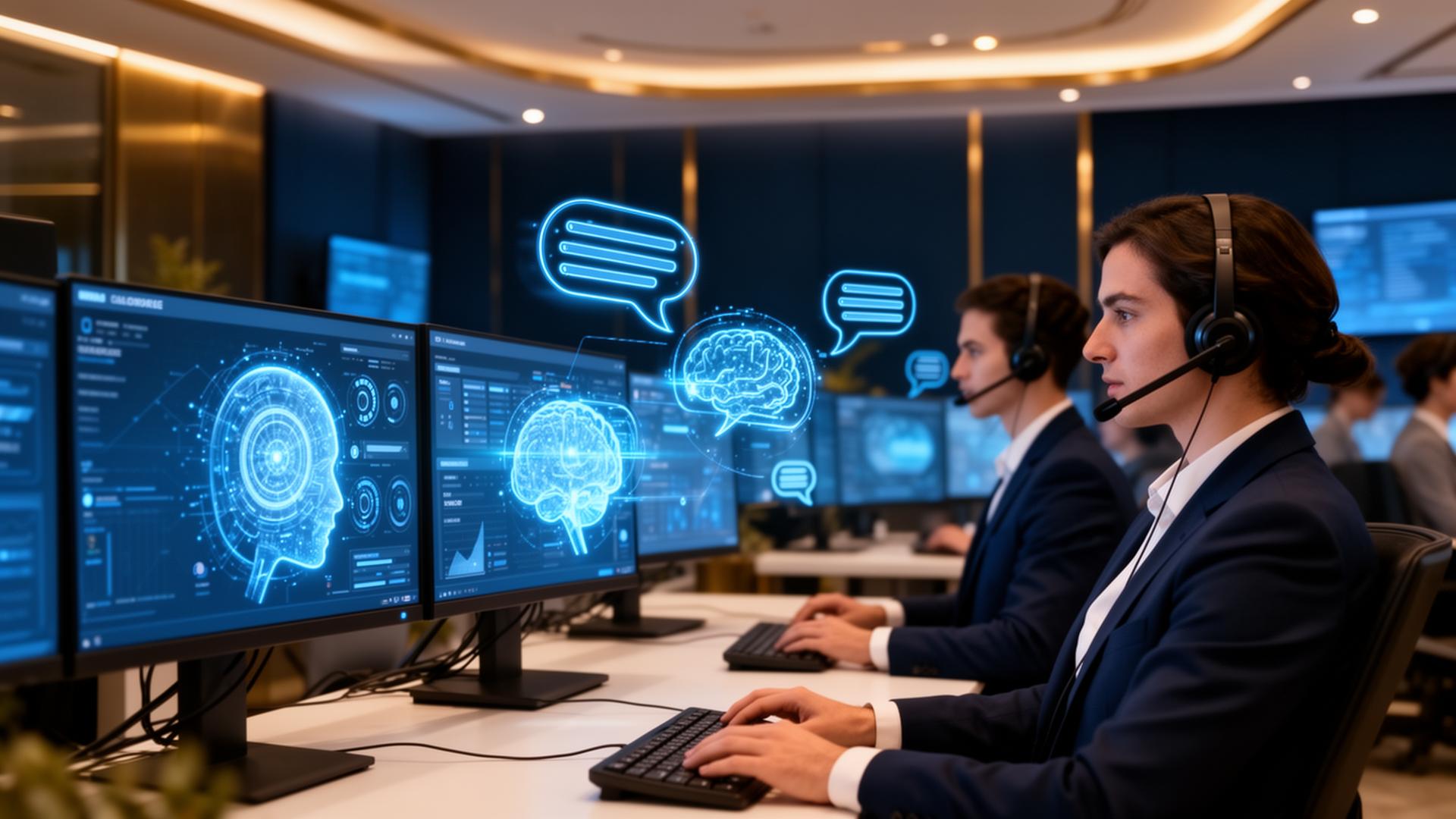 AI agents and human contact centre team collaborating on intelligent dashboards